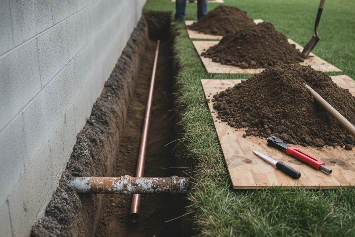 Excavated water line trench during Water Softener Installation in Heislerville